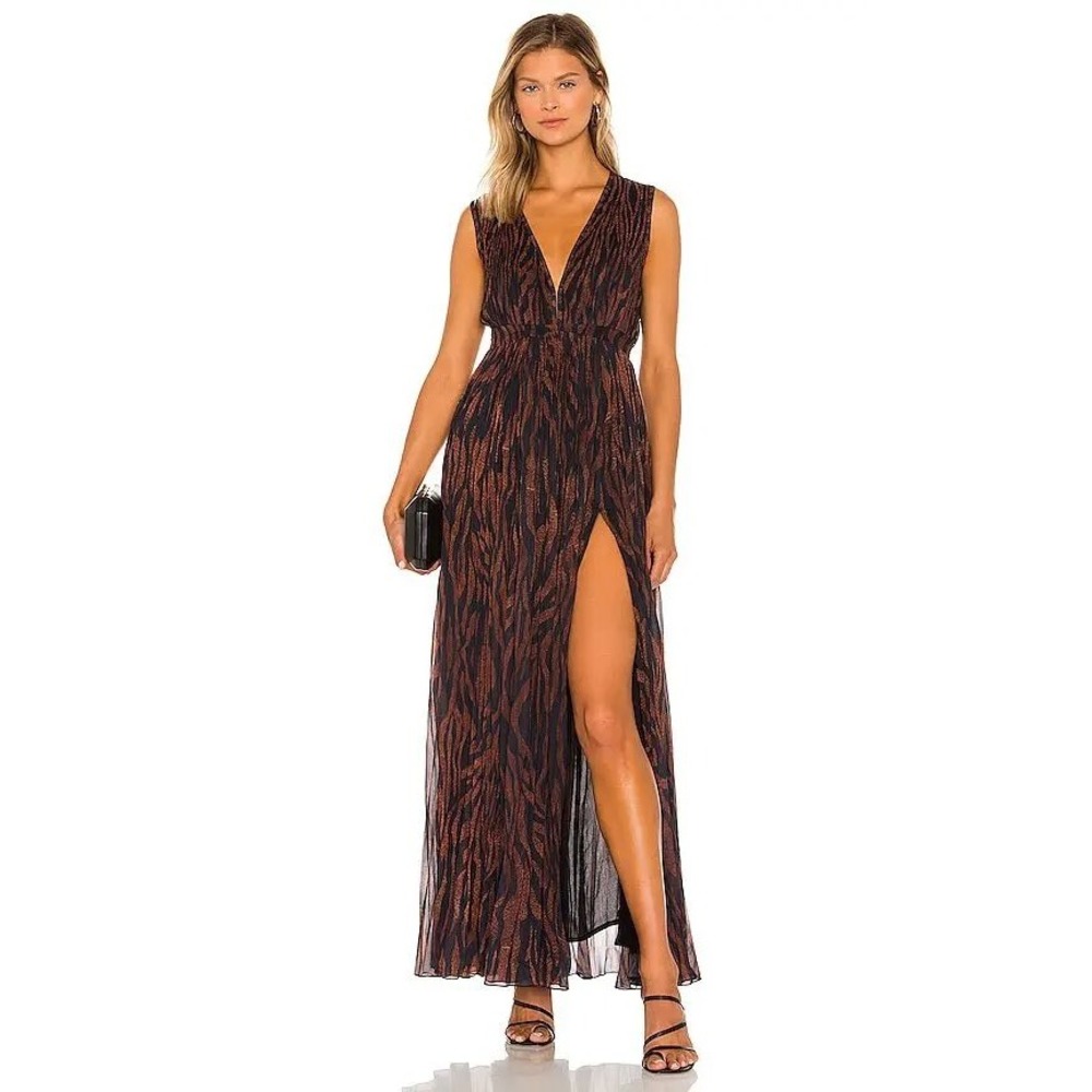Rococo Sand Aine Maxi Dress Brown Animal Print Pleated V-Neck Sleeveless Size S